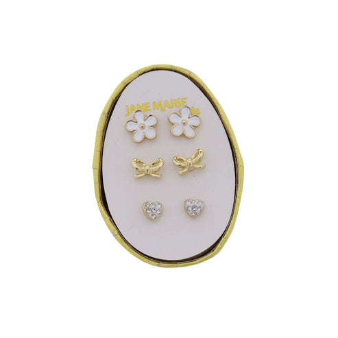 Kids Set of 3 Stud, White Flower, Gold Bow, White Heart Earring