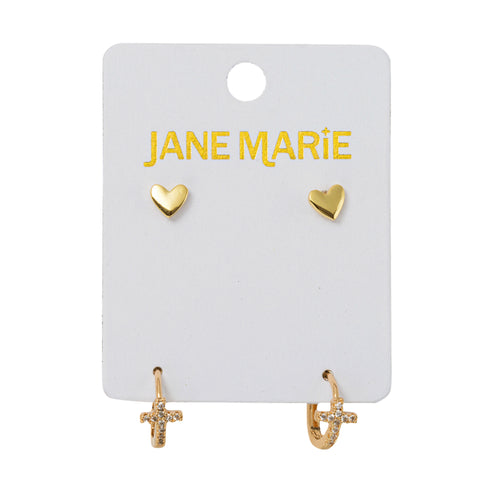 18K Gold Plated Set of 2, Heart with Clear Crystal Cross Huggie Earring