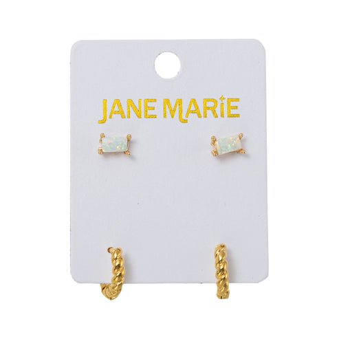 18K Gold Plated Set of 2, Opal with Rope Huggie Earring