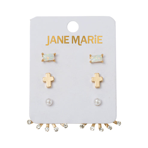 Set of 3 Earrings, Opal Rectangle, Gold Cross, Pearl with Crystal Top Fan Jacket
