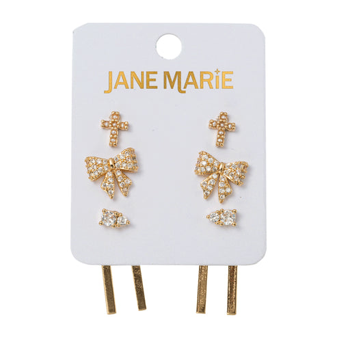 Set of 3 Earrings Pearl Cross, Crystal Bow, Crystal with Double Bar Jacket