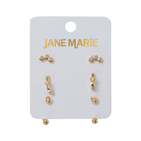 Set of 3 Earrings, 3 Clear Crystals, Crystal Faux Huggie, Gold Ball with Gold Ball Jacket