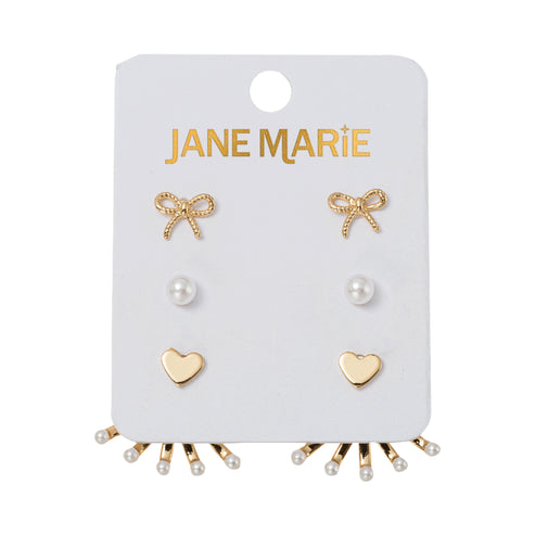 Set of 3 Earrings, Gold Bow, Pearl , Gold Heart with Pearl Tip Fan Jacket