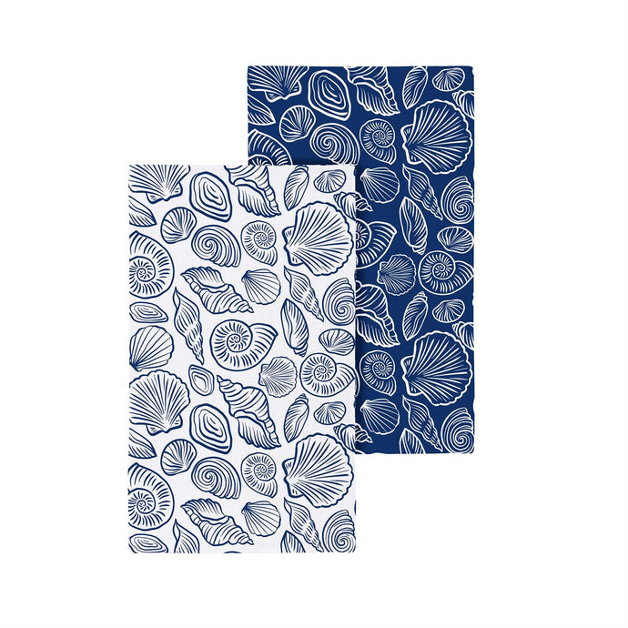Blue Coastal Kitchen Towel Quick Dry Waffle Weave Double-Sided, Shells