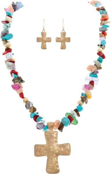 Gold Multicolor Gemstone Gold Cross Necklace Set
