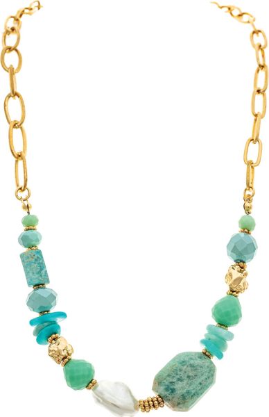 Gold Blue Green Stone Pearl Glass Chain Bead Necklace Set
