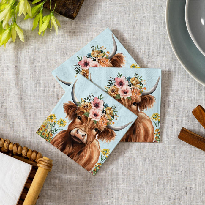 Floral Highland Cow Napkin Paper Cocktail Napkin