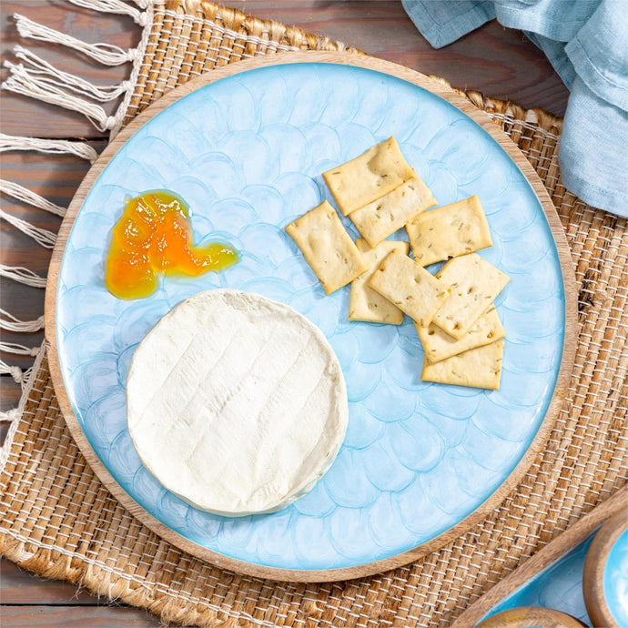 Blue Coastal Platter Wood with Scalloped Enamel Round, 11.8
