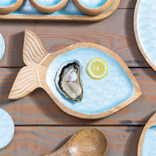 Blue Coastal Serveware Wood with Scalloped Enamel Fish Shaped Serving Tray, 11.4"L x 6.5"D