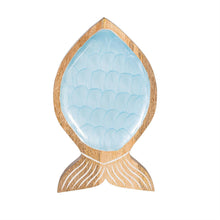 Blue Coastal Serveware Wood with Scalloped Enamel Fish Shaped Serving Tray, 11.4"L x 6.5"D