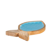 Blue Coastal Serveware Wood with Scalloped Enamel Fish Shaped Serving Tray, 11.4"L x 6.5"D