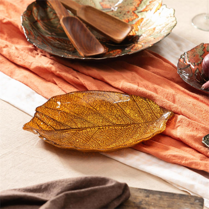 Harvest Blossom Serveware Glass Leaf Dish, Yellow, 10.5"L