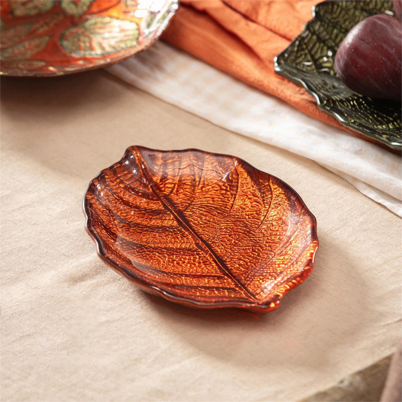 Harvest Blossom Serveware Glass Leaf Dish, Orange, 8"L