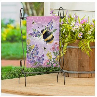 Pollinator Garden Pink Florals Bee Burlap Garden Flag