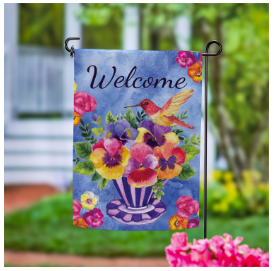 Pansies & Hummingbird Tea Cup Suede Garden Flag