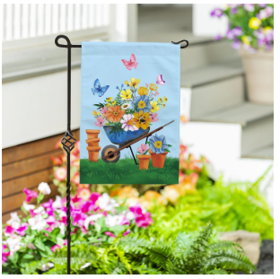 Floral Wheelbarrow Delight Burlap Garden Flag