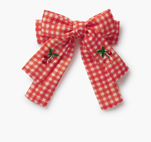 Gingham Cherries Embroidered Bow Clip