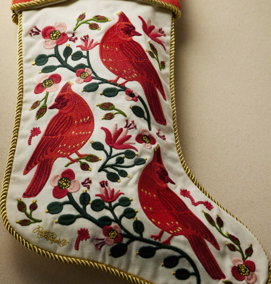 Cardinals Embroidered Stocking