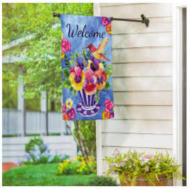 Pansies & Hummingbird Tea Cup Suede House Flag