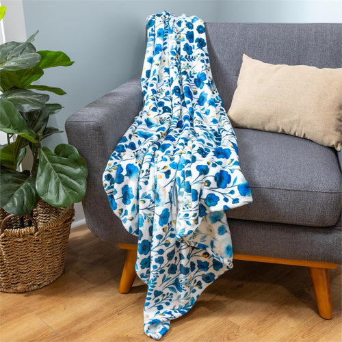 VivaStyle Gilded Meadow Plush Blanket, Blue Wildflowers, 50