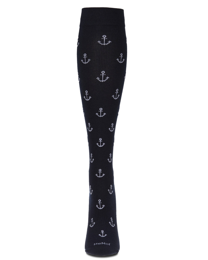Unisex "Nautical Anchors" Cotton-Blend Graduated Compression Sock; Size 10-13