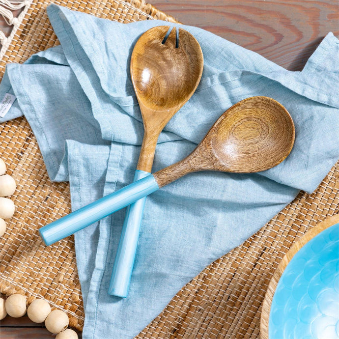 Blue Coastal Serving Utensil Wood with Scalloped Enamel Salad Servers, Set of 2, 11.25