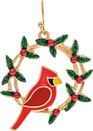 Gold Holly Wreath Perched Cardinal Earring