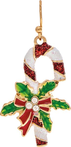 Gold Mistletoe Cany Cane Holiday Earring