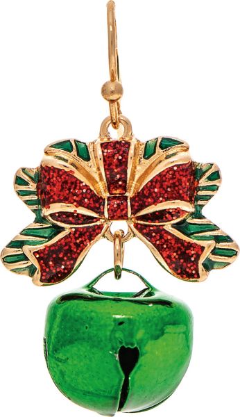 Gold Green Ribbon Top Jingle Bell Christmas Earring