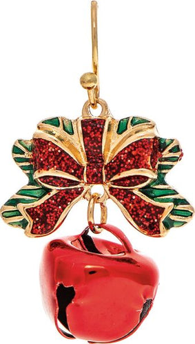 Gold Red Ribbon Top Jingle Bell Xmas Earring