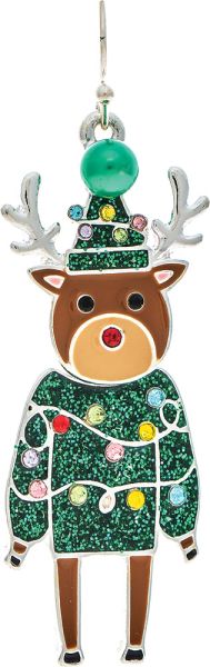 Silver Green Sweater Reindeer Bobble Head Holiday Lights Sweater Enamel Earring