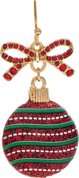 Gold Red and Green Bow Top Christmas Ornament Earring