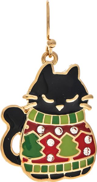 Gold Black Grumpy Cat Ugly Christmas Sweater Enamel Earring