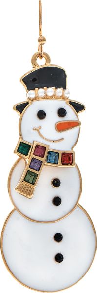 Gold Bobble Head Happy Snowman Enamel Earring
