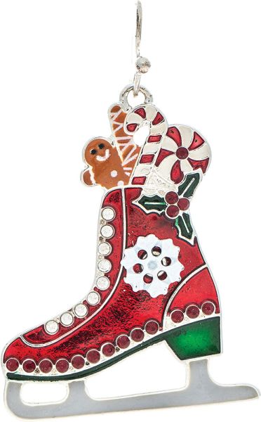 Silver Red Treat Filled Holiday Snowflake Ice Skate Enamel Earring