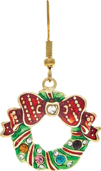 Gold Red Ribboned Wreath Enamel Holiday Earring