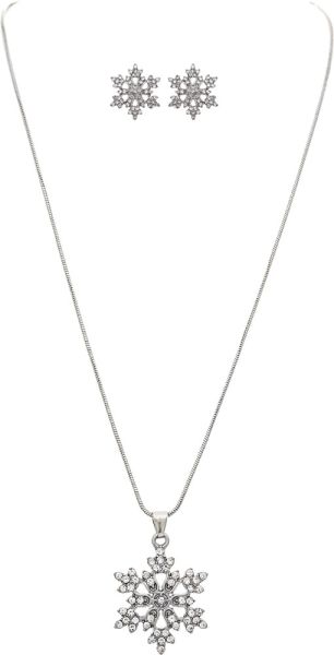 Silver Crystal 7/8" Snowflake Necklace Set
