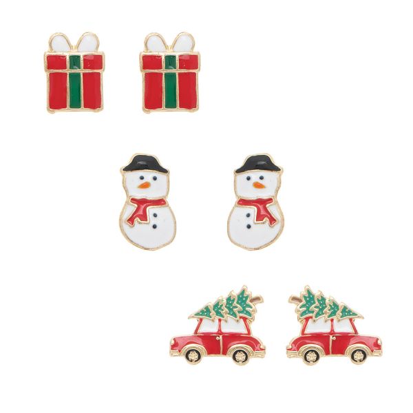Gold 3 Pair Post Christmas Gift Snowman Earring