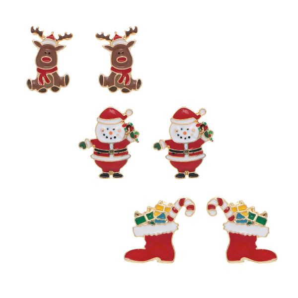 Gold 3 Pair Post Christmas Deer Stocking Earring