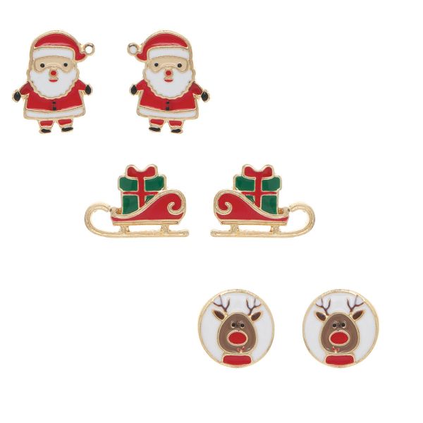 Gold 3 Pair Post Christmas Santa Sleigh Earring