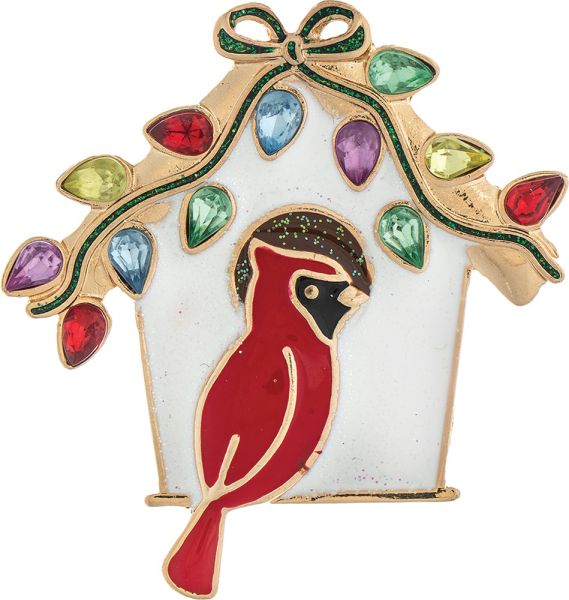 Gold Holiday Red Cardinal Birdhouse Enamel Pin Brooch