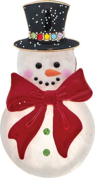 Gold White Red Bow Top Hat Snowman Enamel Pin Brooch