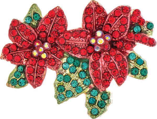 Gold Red and Green Crystal Encrusted Poinsettia Pin Brooch