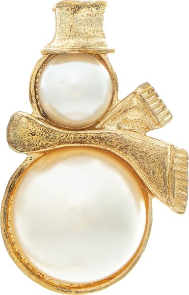 Gold Cream Faux Pearl Snowman Pin Brooch