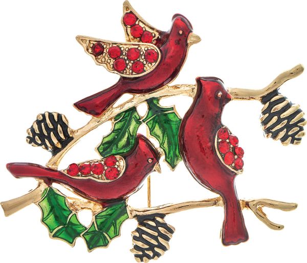 Gold Red Three Cardinals Conclave on Branch Pin Brooch
