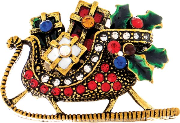 Gold Multicolor Old World Crystal Santas Sleigh with Gifts Pin Brooch