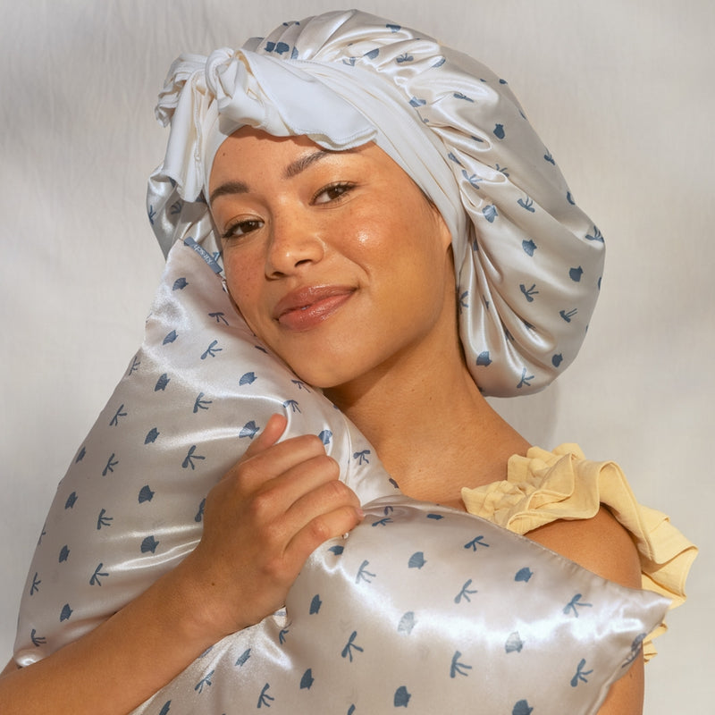 Oversized Satin Bonnet - Pearlized Cream & Coastal Blue Print