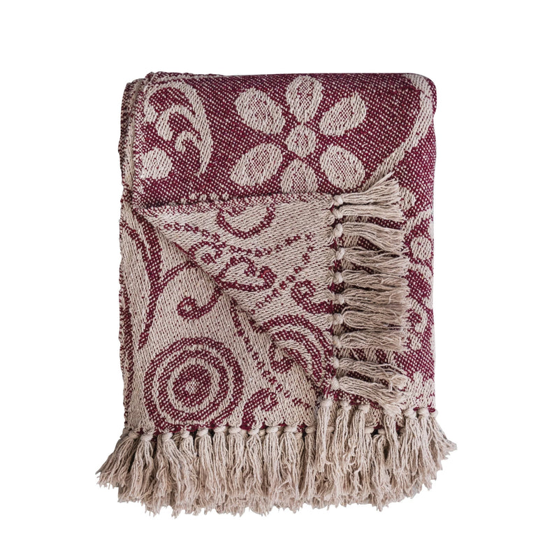 Recycled Cotton Slub Printed Throw w/ Paisley Pattern, Purple & Natural