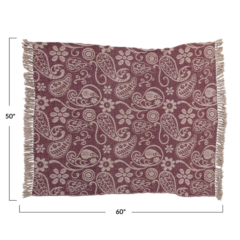 Recycled Cotton Slub Printed Throw w/ Paisley Pattern, Purple & Natural