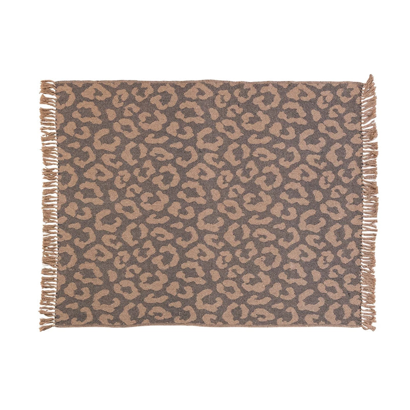 Leopard Print Throw w/ Fringe, Black & Tan